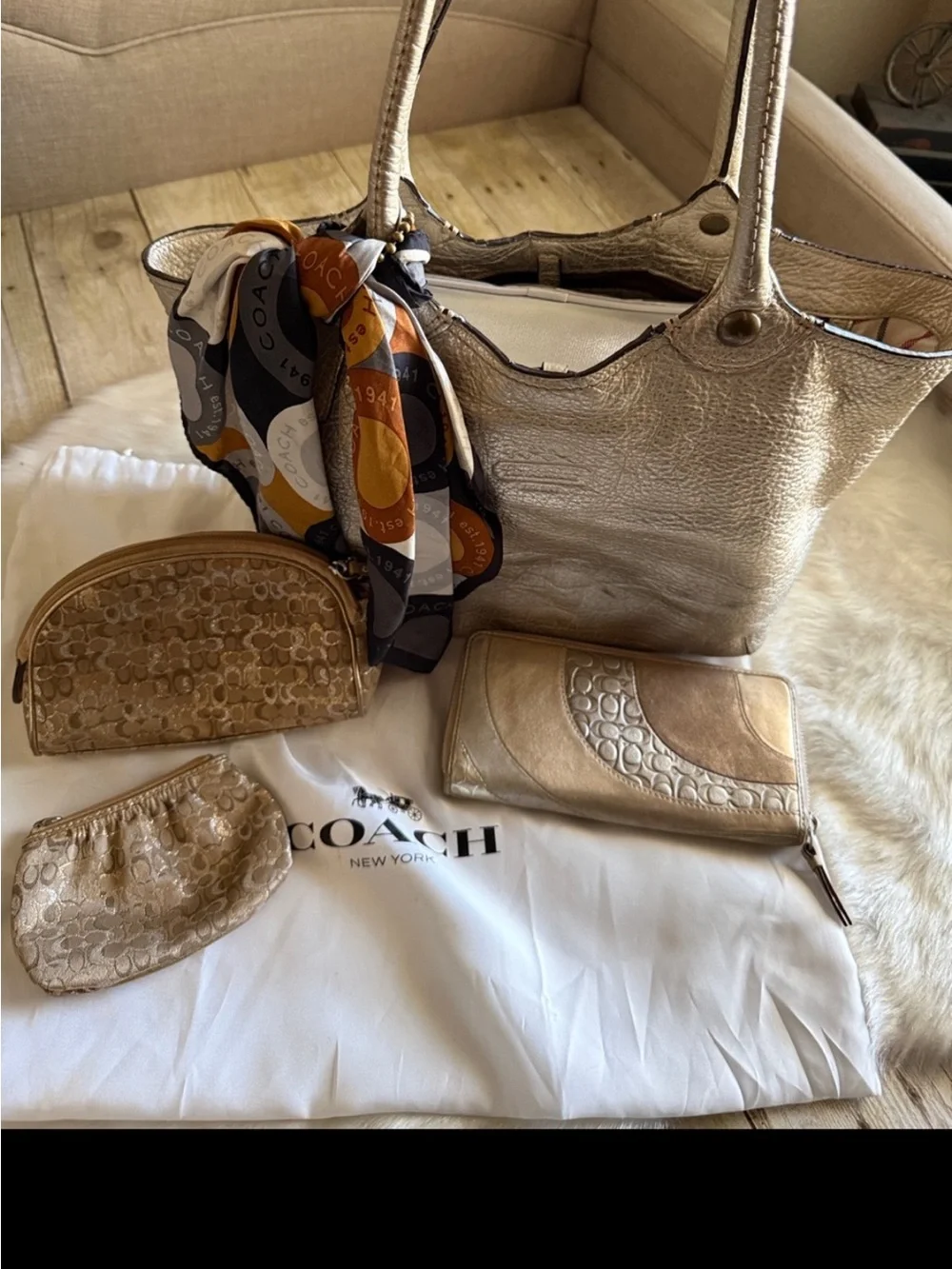 Coach Set Metallic Gold Leather Tote with Zip Wallet, Scarf & 2 cosmetic bags